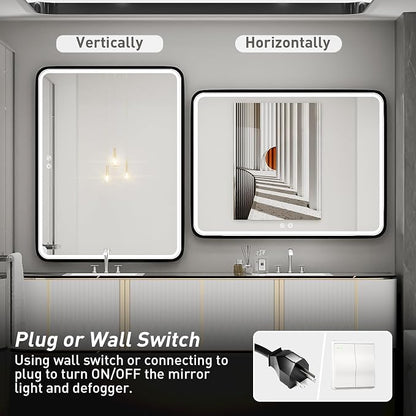 40x30 Inch LED Black Frame Bathroom Mirror,3- Color | ETL Listed,Anti-Fog,3000K/4500K/6000K Dimmable,Horizontal & Vertical,Wall Mounted,Memory Function