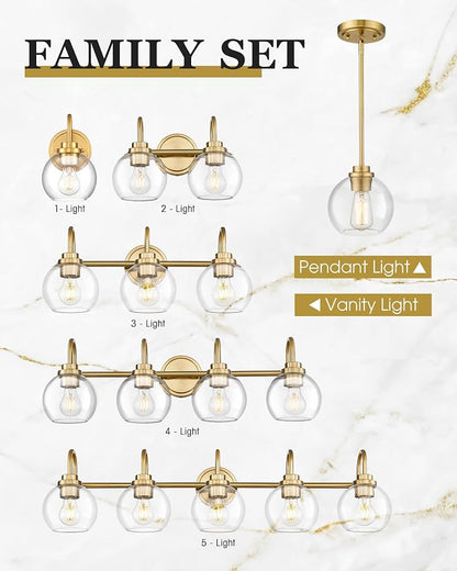 Brushed Gold Wall Sconces Set of 2 with Globe Clear Glass Shade | Modern design, hardwired, E26 socket, suited for bathroom mirror side, bedside, hallway, or entryway, AD-22280-1W2-GD