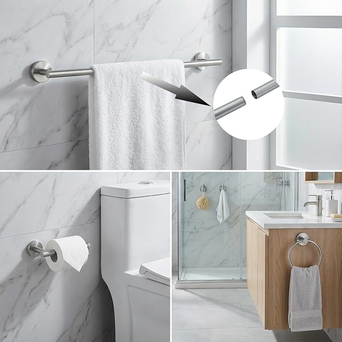 5-Piece Bathroom Hardware Set, Brushed Nickel SUS304 Stainless Steel Bathroom Accessories, 24" Towel Bar, Toilet Paper Holder, Towel Ring & 2 Robe Hooks, Wall Mounted, Rustproof Modern Design