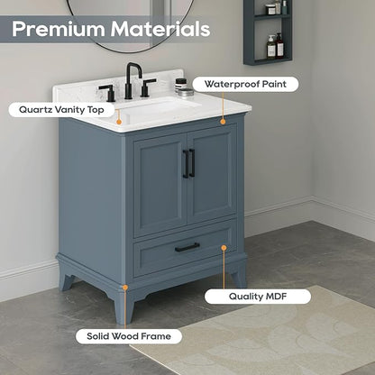 30 Inch Bathroom Vanity with Sink, 30 Inch Vanity with Adjustable Feets, Bathroom Storage Cabinet with Soft Closing Doors & Dovetail Drawers, Solid Wood Frame, Steel Blue