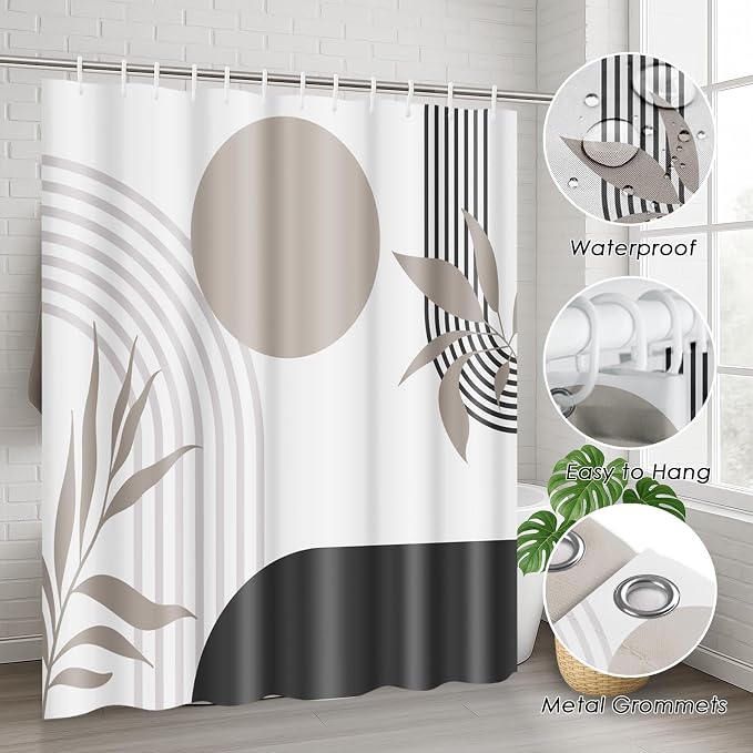 Bathroom Sets with Shower Curtain and Rugs, Boho, 4 Pcs Geometric | Vintage Abstract Minimalist Bathroom Decor Set with Toilet Lid Cover, Non-Slip Bath Mats and Accessories 12 Hooks