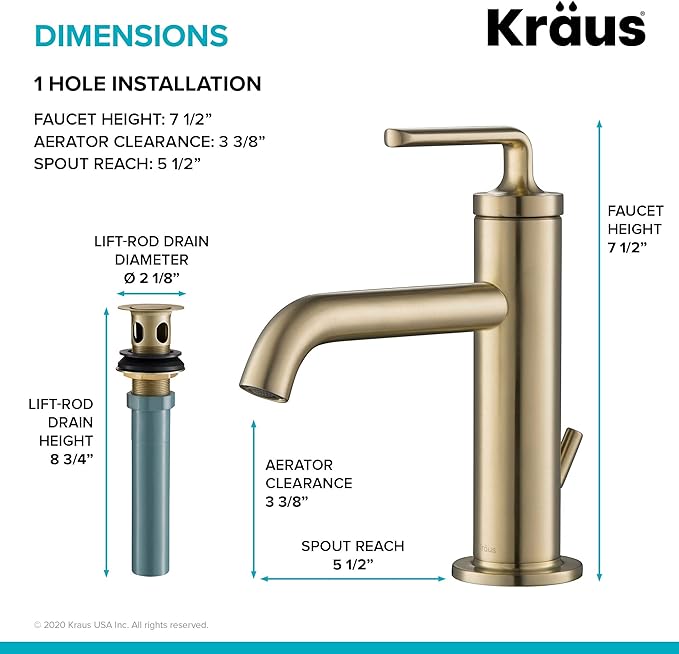 KRAUS Ramus Single Handle Bathroom Sink Faucet with Lift Rod Drain in Brushed Gold, KBF-1221BG-2PK