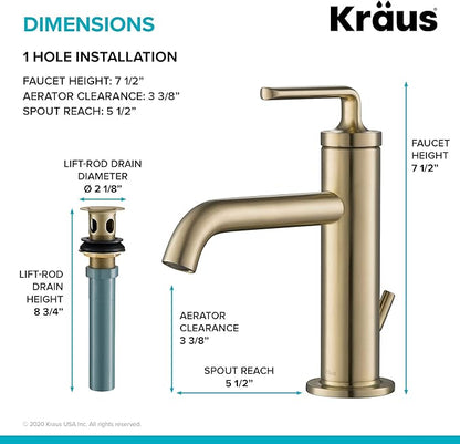 KRAUS Ramus Single Handle Bathroom Sink Faucet with Lift Rod Drain in Brushed Gold, KBF-1221BG-2PK