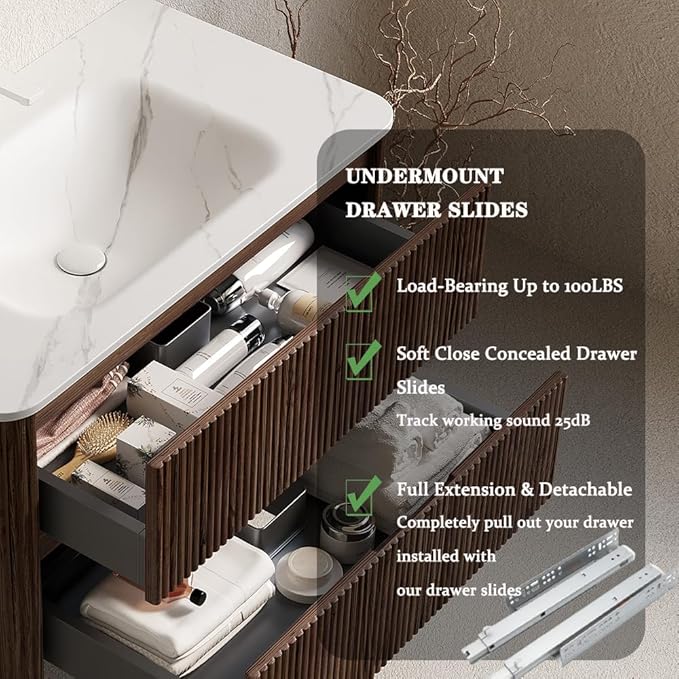 30" Floating Bathroom Vanity with Sink, Wall Mounted Modern Bathroom Cabinet with 2 Soft Close Drawers, Oak & Plywood, Pre-Assembled with Carrara White Basin – Bruges, Retro Walnut/S