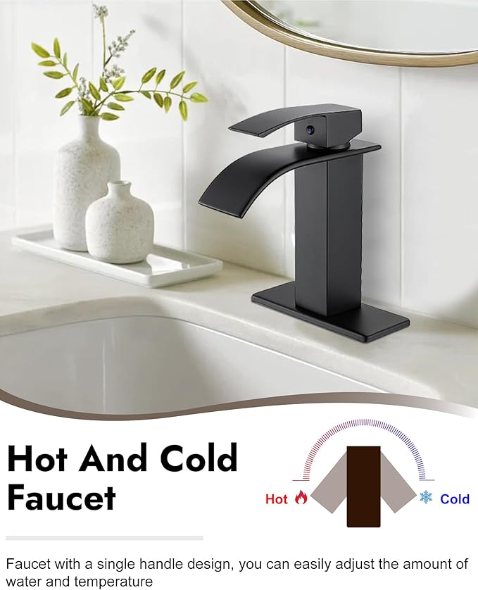 Midanya Bathroom Faucet with Waterfall Spout, Single Hole or 3-Hole Deck Mount, 304 Stainless Steel Sink Faucet with Pop-Up Drain, RV Vanity Compatible,Matte Black