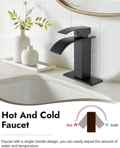 Midanya Bathroom Faucet with Waterfall Spout, Single Hole or 3-Hole Deck Mount, 304 Stainless Steel Sink Faucet with Pop-Up Drain, RV Vanity Compatible,Matte Black