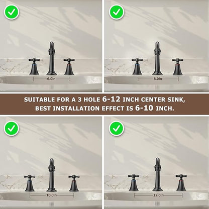 Hurran 8 Inch Widespread Bathroom Sink Faucet Matte Black, 3 Hole 2 Cross Handles Classic Vintage Antique Faucet with Metal Pop Up Drain and Supply Hoses for Vanity, RV, Farmhouse