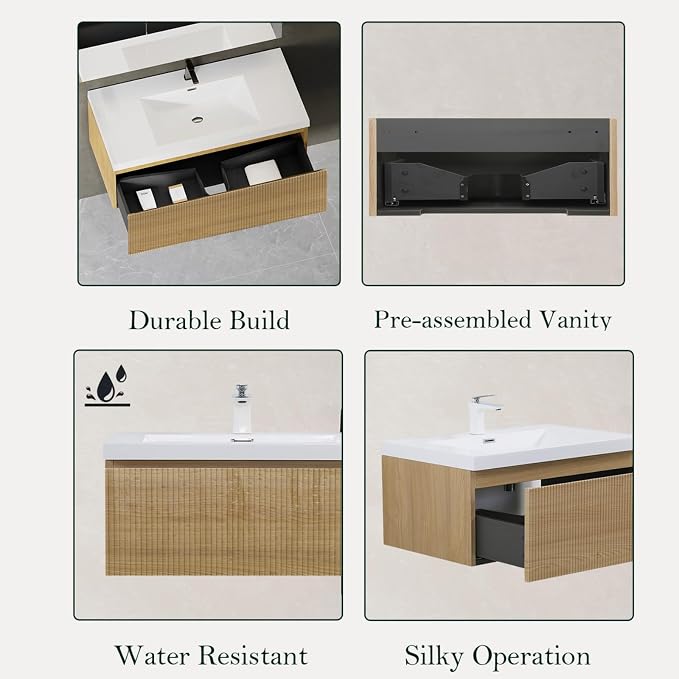 Floating Bathroom Vanity, 42" Wall Mounted Bathroom Cabinet with Glossy White Stone Resin Sink & U-Shaped Soft-Close Drawer, Pre-Assembled Striped Storage Vanity for Bathroom, Natural Wood