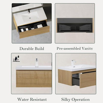 Floating Bathroom Vanity, 42" Wall Mounted Bathroom Cabinet with Glossy White Stone Resin Sink & U-Shaped Soft-Close Drawer, Pre-Assembled Striped Storage Vanity for Bathroom, Natural Wood
