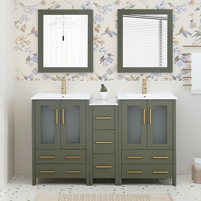 HOMEBEYOND 60 Inch Modern Bathroom Vanity with Sink & Mirror, Double Sink Vanity Cabinet with Basin and Mirror, Dove-Tailed Drawers, Soft-Closing Doors, Wood, Vintage Green