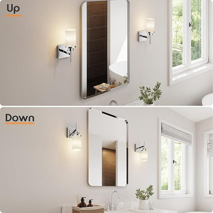 Vanity Lights Polished Chrome Bathroom Light Fixtures with White Frosted Glass Shade, Wall Sconce for Mirror Hallway Entrance Porch T001CH-L1