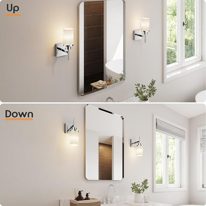 Vanity Lights Polished Chrome Bathroom Light Fixtures with White Frosted Glass Shade, Wall Sconces for Mirror Hallway Entrance, 2 Pack T001CH-L1-P2