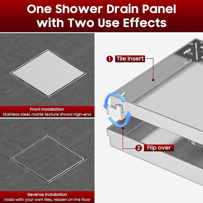 DLONE® Shower Drain | 6 Inch Brushed Nickel with Tile Insert Panel | Square Shower Drain, with Hair Catcher, Shower Floor Drain Fits Bathroom & Balcony etc