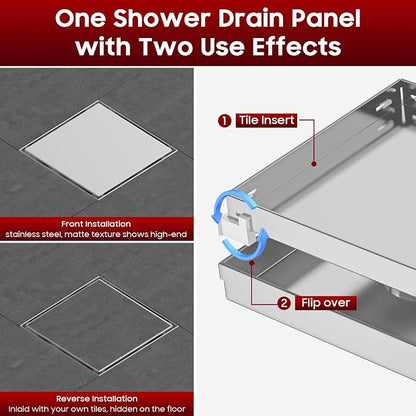DLONE® Shower Drain | 6 Inch Brushed Nickel with Tile Insert Panel | Square Shower Drain, with Hair Catcher, Shower Floor Drain Fits Bathroom & Balcony etc