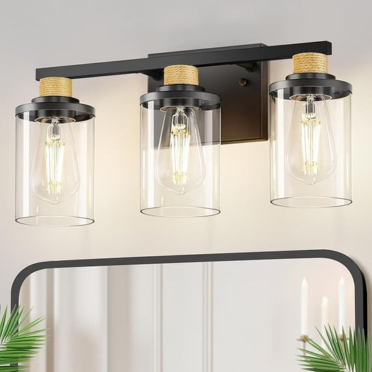 DORESshop 17 Inch Bathroom Light Fixtures, 3-Light Black & Rope Bathroom Lighting Fixtures Over Mirror with Clear Glass Shade, Vanity Lights for Living Room Bedroom
