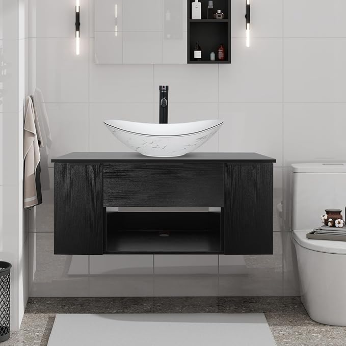 36 Inch Black Floating Bathroom Vanity with 2-Doors and 1-Drawer, Modern Wall Mounted Cabinet with Boat Ceramic Vessel Sink