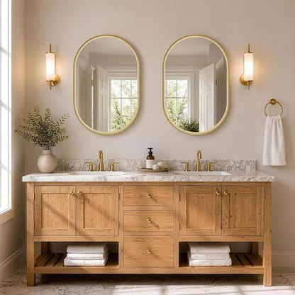 Brushed Gold Pill Oval Mirror for Bathroom 24x36 Inch | Small Vanity Mirror, Crystal-Clear HD Glass, Rust-Proof Aluminum Frame, Inner-Curved Decor for Bedroom, Entryway Renovation