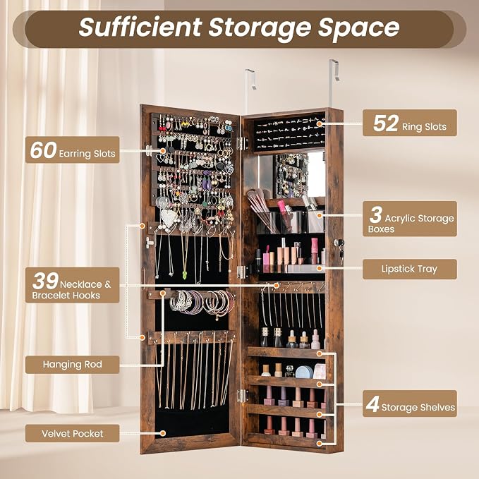 CHARMAID Jewelry Cabinet Wall or Door Mounted, Hanging Lockable Jewelry Armoire Storage with Full Length Mirror, Interior Makeup Mirror, Over the Door Jewelry Organizer Box with Mirror (Rustic Brown)