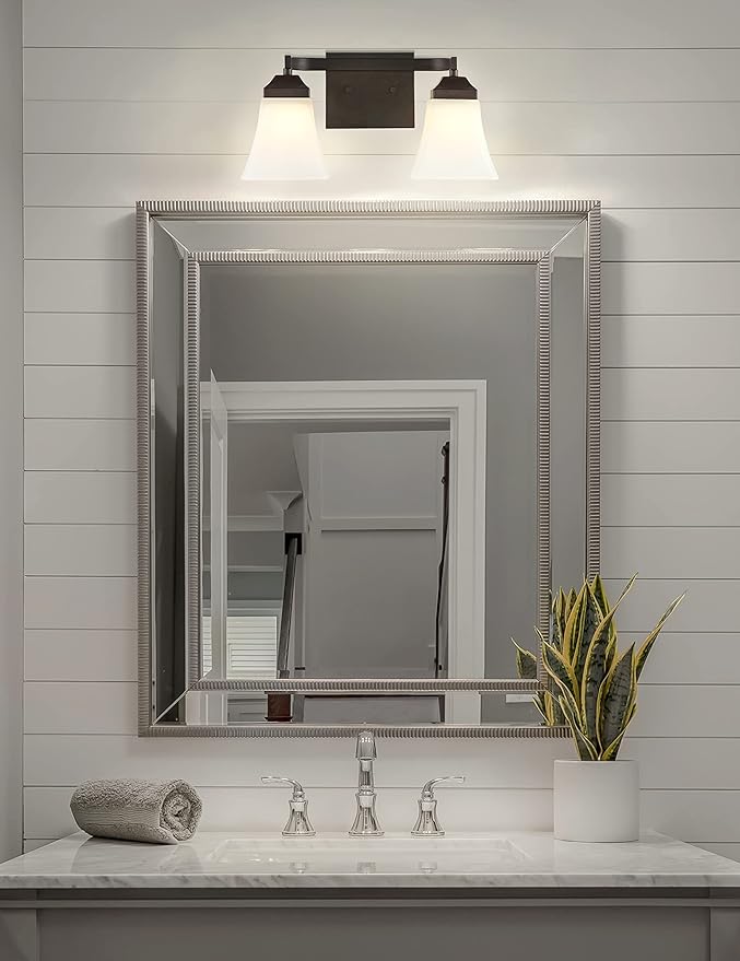 JONATHAN Y 15" Oil Rubbed Bronze Modern Cottage LED Vanity Light Wall Sconce, Farmhouse Wall Lamp for Bathroom Mirror Kitchen, White Glass Shade, LED Bulb Included (JYL7523A)