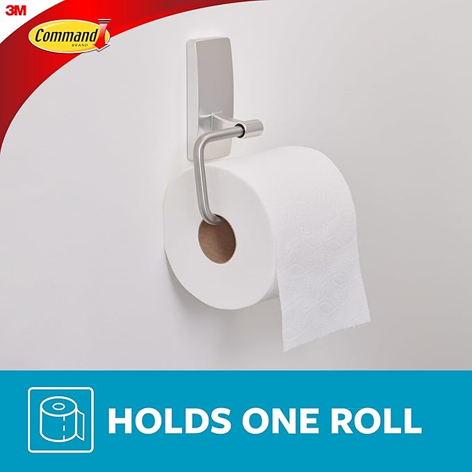 Command Toilet Paper Holder Satin Nickel with Water Resistant Command Strips, Rust Resistant Bathroom Organizer