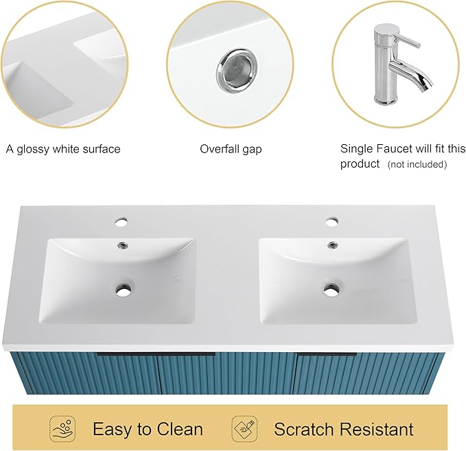 Malwee 48" Bathroom Vanity with Sink, 48 inch Double Sink Floating Vanity, Wall Mounted Bathroom Basin Cabinet Combo, Modern Lake Blue Bath Vanity Cabinet Set with Storage(MA10348DLBE)