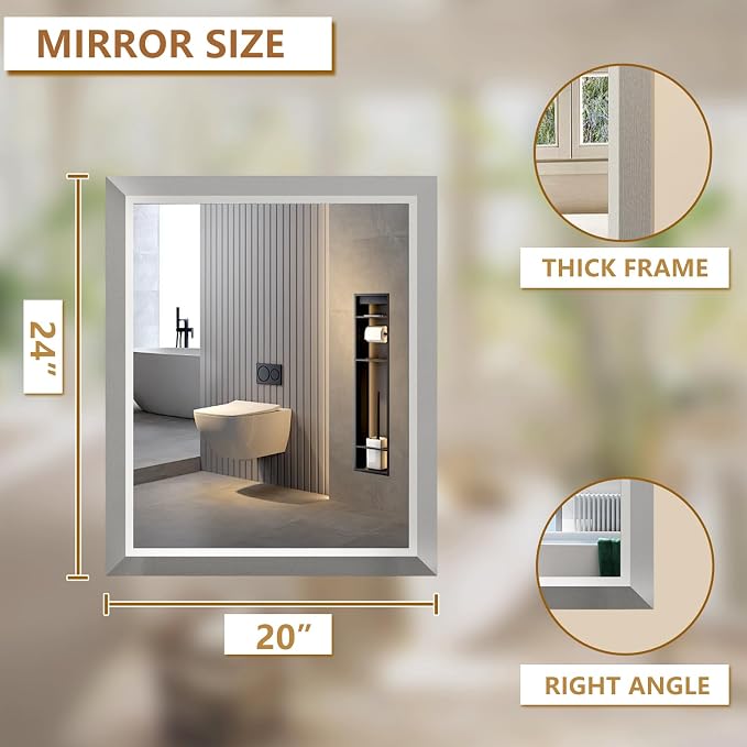 SMIROR 20x24 Brushed Silver Bathroom Vanity Mirror for Over Sink | Metal Wide Frame, Rectangle, Right- Angle Corner, Anti-Rust, Horizontally or Vertically Wall- Mounted for Home Remodel