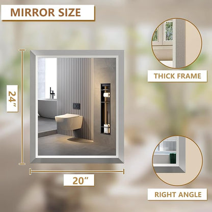 SMIROR 20x24 Brushed Silver Bathroom Vanity Mirror for Over Sink | Metal Wide Frame, Rectangle, Right- Angle Corner, Anti-Rust, Horizontally or Vertically Wall- Mounted for Home Remodel