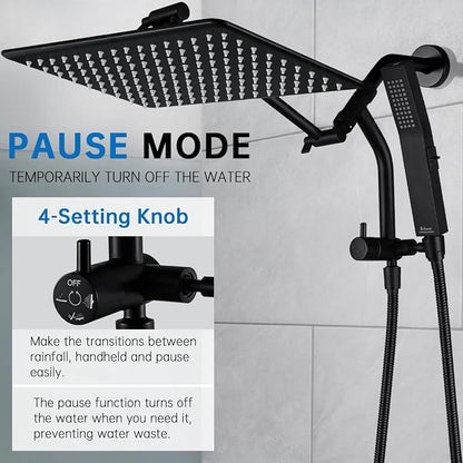 G-Promise 14 Inch All Metal Rain Shower Head with Handheld (Matte Black) | Full Body Coverage, Pause Mode Diverter, Power Wash Mode Handheld, Suits Every Height, Easy to Install, Modern Bath Upgrade