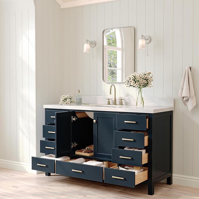 ARIEL Cambridge 60-inch Bathroom Vanity with Sink,Solid Wood, 1.5-inch Italian Carrara Marble Countertop, Single Rectangular Porcelain Sink, 2 Soft Closing Doors, 9 Dovetail Drawers, Midnight Blue