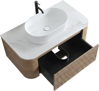 36" Preassembled Floating Bathroom Vanity with White Sink, Oak | Mid-Century Modern Style, Fluted & Soft-Close Drawer with U-shaped Wall, Sinterted Stone Countertop, Towel Rack Included