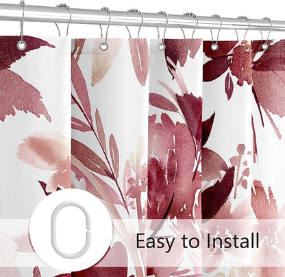 Extra Long Shower Curtain 72 x 84 Inch, Tall Burgundy Red Floral Decor | Watercolor Floral Modern Abstract Flower Bathroom Fabric Shower Curtain Set with Hooks