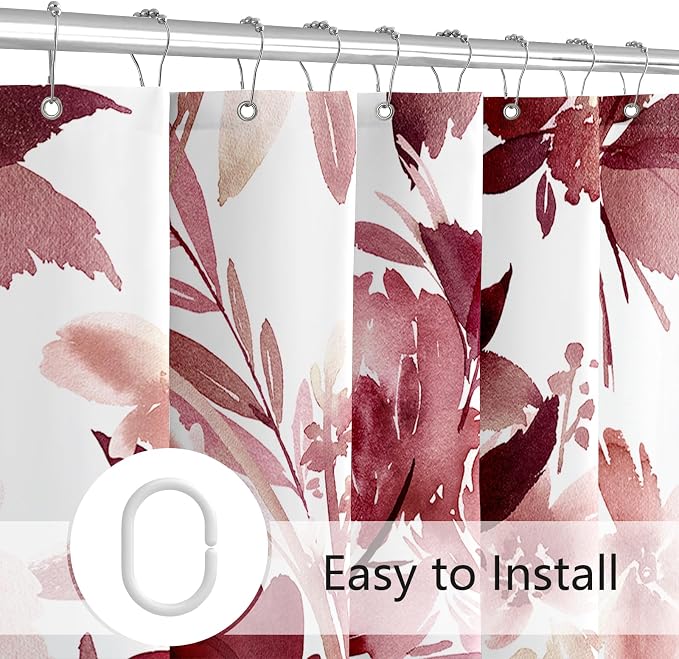 Extra Wide Flower Shower Curtain 108 x 72 for Claw Foot Tub, Burgundy Red | Modern Watercolor Floral 108 inch Long Shower Curtain Set with 18 Pack Plastic C-Hooks