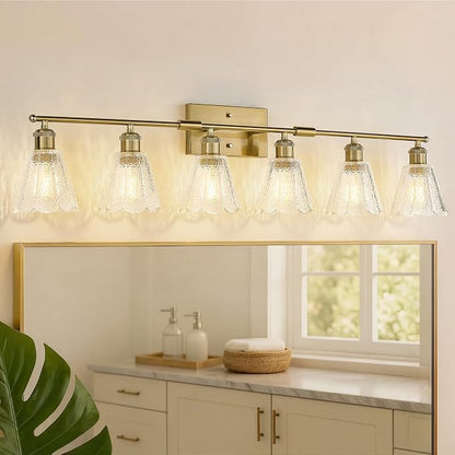 HWH INVESTMENT Bathroom Light Fixtures, 6-Light Brushed Gold Vanity Lights for Bathroom with Clear Floral Glass Shade, 41 inch Bathroom Vanity Lights Over Mirror for Bedroom, 5HJX110B-6W BG