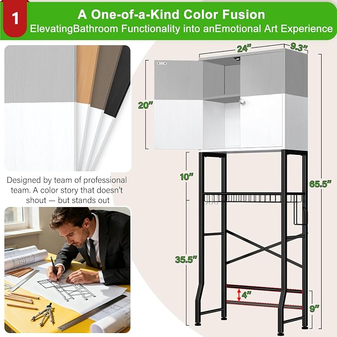 Over-The-Toilet Storage Rack, 4-Tier Bathroom Organizer Shelf Over Toilet with Barn Doors Cabinet and Basket, Freestanding Space Saver Bathroom Shelves with Paper Holder Above Toilet (Gray & White)