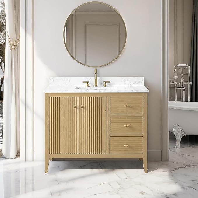 Vanity Art 42 inch Bathroom Vanity with Single Sink & Ceramic Top, Vanity Cabinet with Soft-Closing Door, Solid Wood Frame, Linear Pattern, Natural Oak, Golden Brushed Handware VA9142-NO-GB