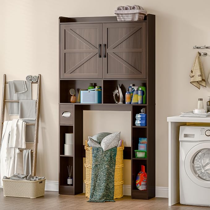 Vabches Over The Toilet Storage Cabinet with Barn Doors, Espresso | Toilet Cabinet Rack, Space Saving Bathroom Organizer with Shelves, Toilet Paper Holder and Towel Rack for Bathroom,Laundry.
