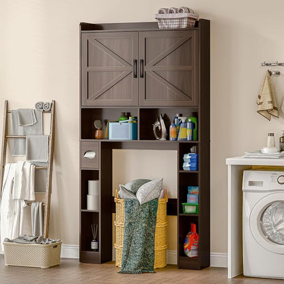 Vabches Over The Toilet Storage Cabinet with Barn Doors, Espresso | Toilet Cabinet Rack, Space Saving Bathroom Organizer with Shelves, Toilet Paper Holder and Towel Rack for Bathroom,Laundry.