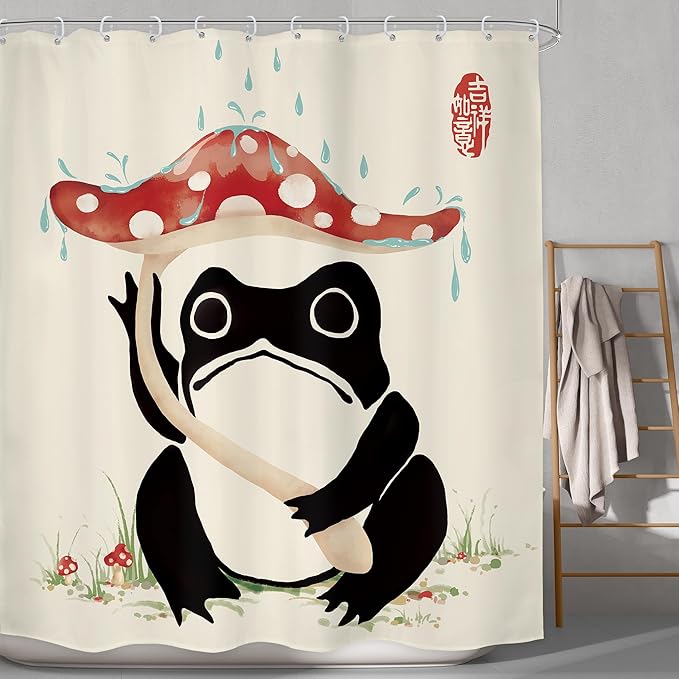 LGhtyro Funny Frog Shower Curtain Bathroom Set 71Wx71H Inches Mushroom Lovely Asian Traditional Black Beige Red Green Grassland Japanese Bath Accessories Cute Art Home Decor Fabric 12 Pack Hooks