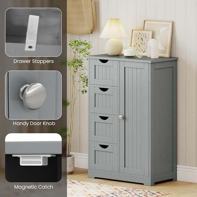 Giantex Bathroom Cabinet, Freestanding Storage Cabinet with 1 Door & 4 Drawers, 3-Level Adjustable Shelf, Anti-toppling System, Modern Storage Organizer for Bathroom, Living Room, Kitchen (Gray)