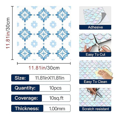 Blue White Floral Geometric Peel and Stick Floor Tiles 12x12 Inch 10PCS | Blue white floral geometric tile pattern vinyl floor stickers for kitchen bathroom entryway and indoor home decor