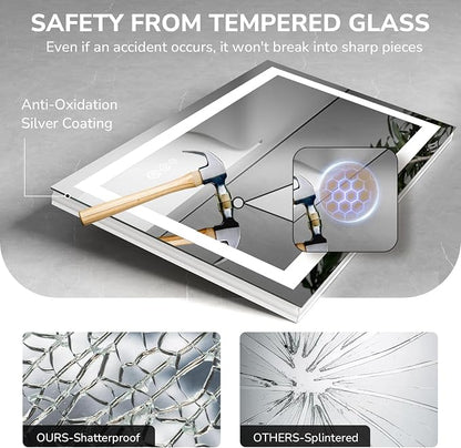 LED Bathroom Mirror 55x30 Inch Tempered Glass - Frameless LED Backlit Lighted Mirror for Bathroom Vanity with Anti-Fog, 3 Colors Dimmable, Memory Function, Wall-Mounted | Tempered Glass - Frameless Backlit Lighted Mirror for Bathroom Vanity with Anti-F...