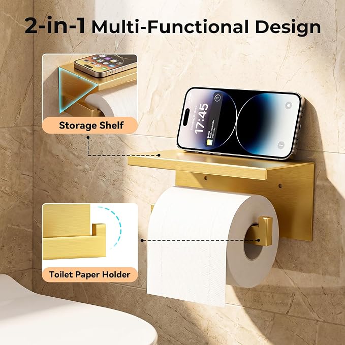 5-Piece Bathroom Hardware Set, 23.6 Inch Towel Bar Set SUS304 Stainless Steel Towel Racks for Bathroom Round Towel Bar, Towel Ring, Toilet Paper Holder, 2 Robe Hooks, Wall Mounted (Brushed Gold)