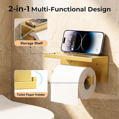 5-Piece Bathroom Hardware Set, 23.6 Inch Towel Bar Set SUS304 Stainless Steel Towel Racks for Bathroom Round Towel Bar, Towel Ring, Toilet Paper Holder, 2 Robe Hooks, Wall Mounted (Brushed Gold)
