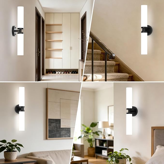 Wall Sconces Set of 2 Hardwired Bathroom Light Fixtures E26 Base | Matte Black, 22Inch, Modern Vanity Wall Lighting with Milky White Glass Shade, for Mirror Hallway Bedroom Living Room TV Wall