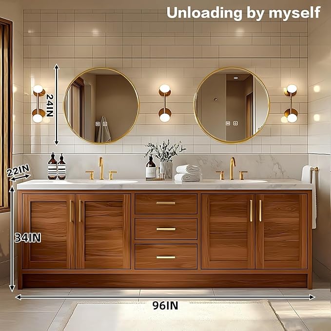 Bathroom Vanity - Retro Bathroom Vanity with Double Sinks Includes Round Mirror & Wood Grain Cabinets|Retro Log Style,Exquisite Handle,LED Smart Defogging Mirror(96IN)