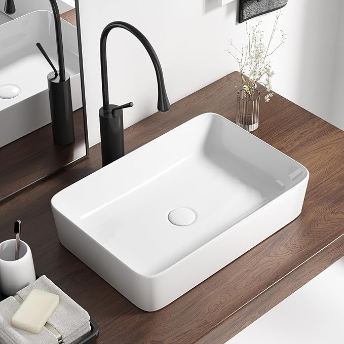 20 Inch Rectangular Bathroom Sink Above Counter, QISHKA White Ceramic Vanity Vessel Sink - 20" x 13.5" Countertop Rectangle Hand Wash Sink Porcelain Art Basin