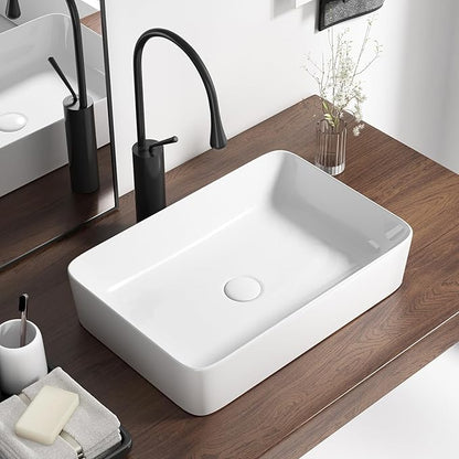 20 Inch Rectangular Bathroom Sink Above Counter, QISHKA White Ceramic Vanity Vessel Sink - 20" x 13.5" Countertop Rectangle Hand Wash Sink Porcelain Art Basin