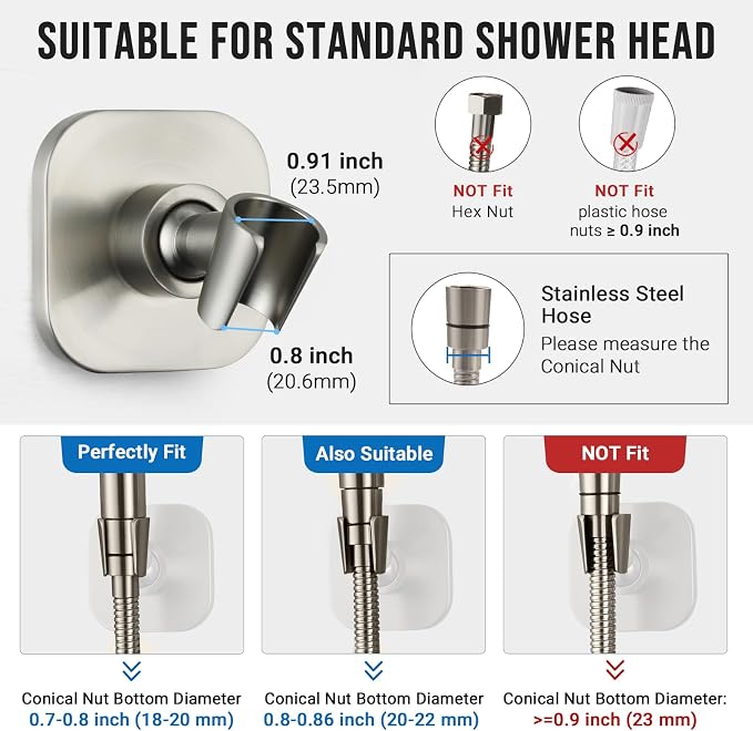G-Promise Metal Handheld Shower Head Holder, No-Drill (Brushed Nickel) | Adhesive or Drilled Installation, Wide Adjustment Range Fits All Family Heights, Firmly Secure Showerhead, Easy to Install