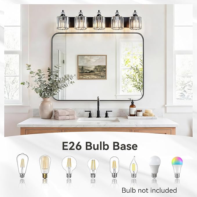 5-Light Black Bathroom Light Fixtures Over Mirror Modern Vanity Lights Crystal Wall Sconce Vintage Bathroom Lighting with Crystal Shade E26 Base for Bedroom, Living Room, Hallway