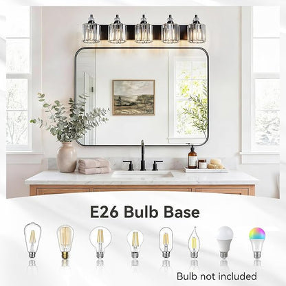 5-Light Black Bathroom Light Fixtures Over Mirror Modern Vanity Lights Crystal Wall Sconce Vintage Bathroom Lighting with Crystal Shade E26 Base for Bedroom, Living Room, Hallway